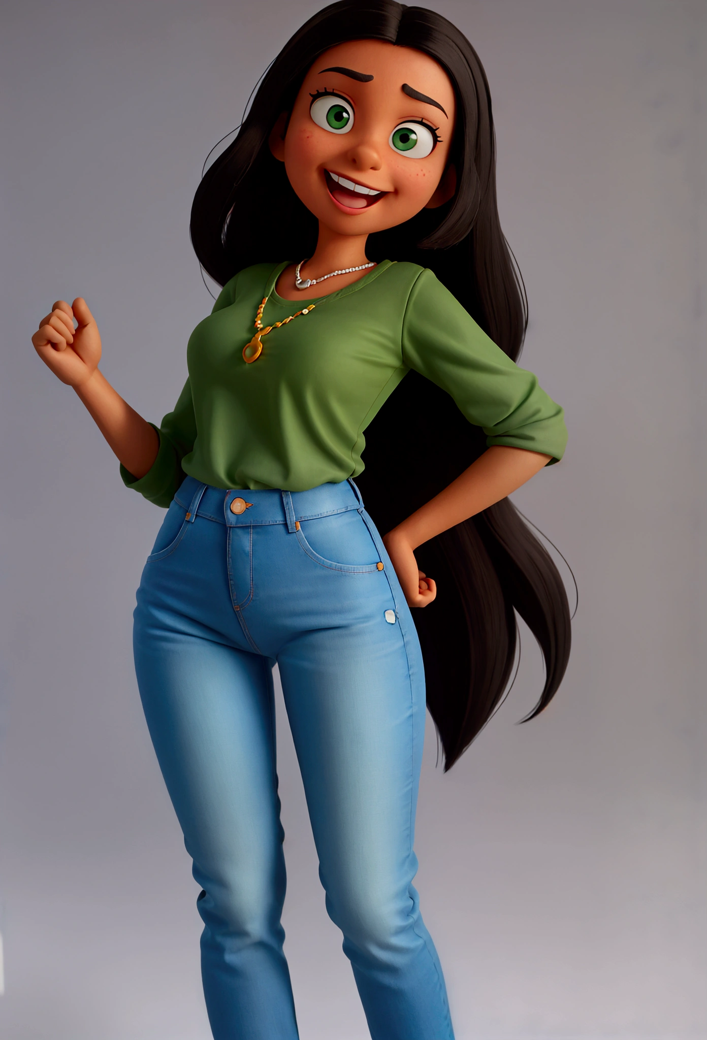 adult woman, cheerful, close up, long straight black hair, brown skin, slim, jeans, green shirt, pixar style, 3D character, Cartoon character, white background