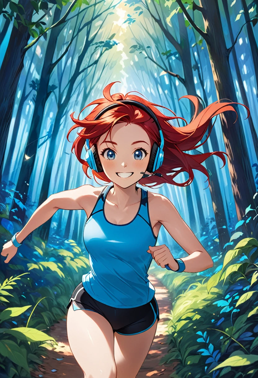 a young athletic woman with red hair running, with smile on face, with headphones through an enchanted blue forest