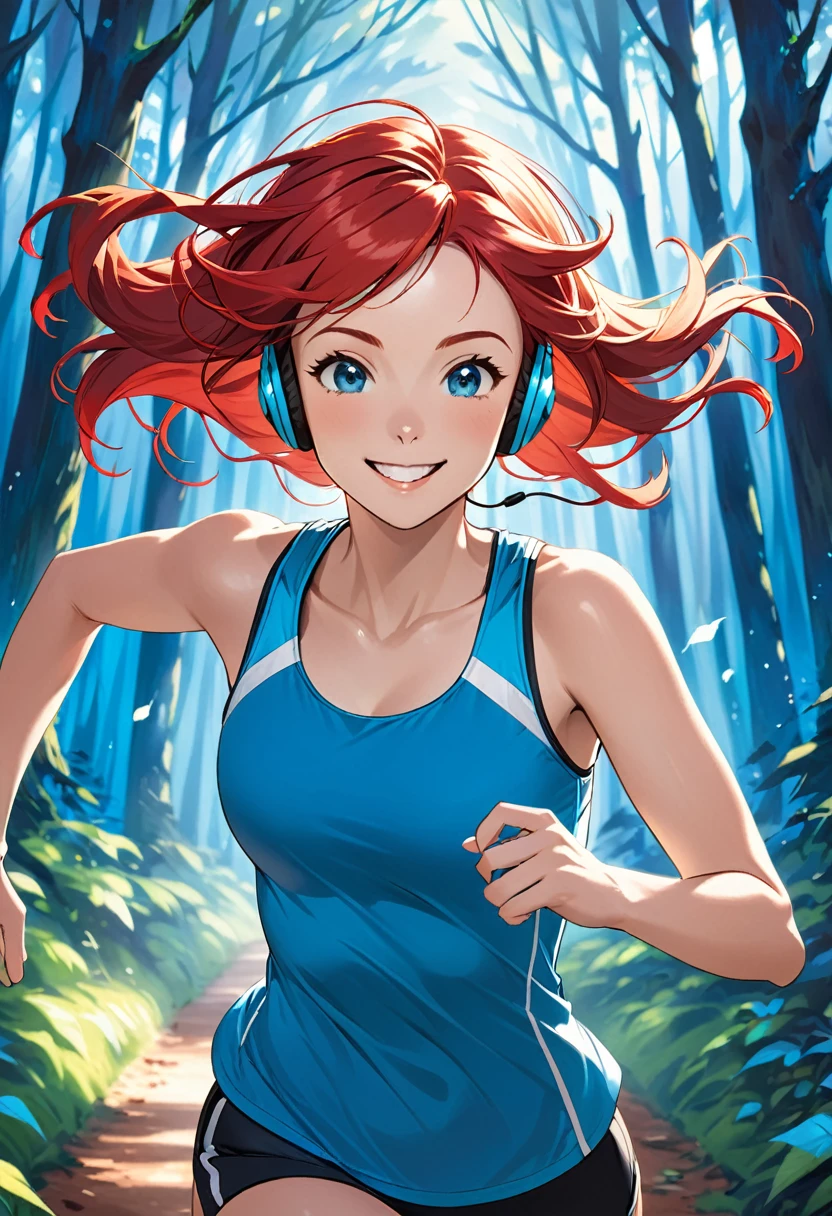 a young athletic woman with red hair running, with smile on face, with headphones through an enchanted blue forest