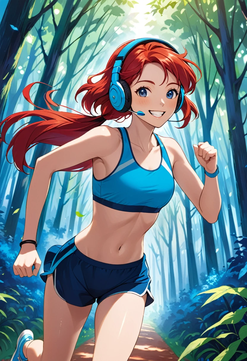 a young athletic woman with red hair running, with smile on face, with headphones through an enchanted blue forest