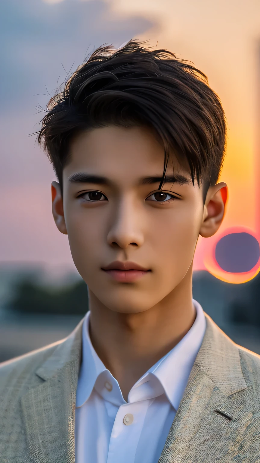 Highest quality, masterpiece, Ultra-high resolution, (Realistic: 1.4), Original photo, wallpaper, Head Photo, skin, Simple Background, Iris, detailed, Selfie, 1 boy, 18-year-old, good looking, Wind,suit、Sunset