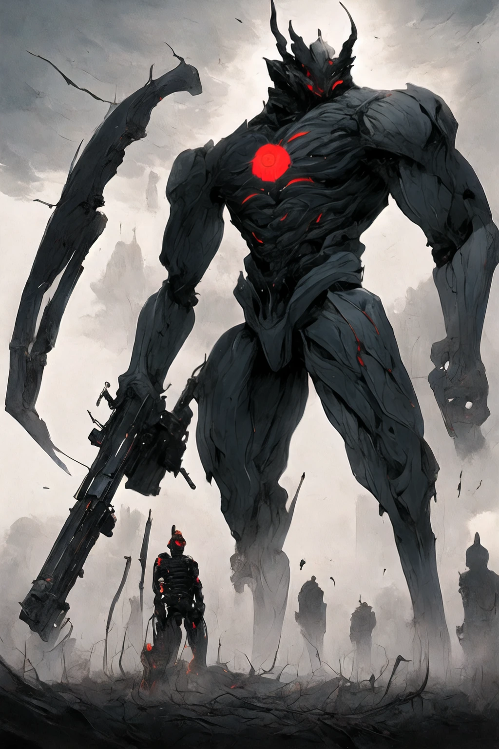 (((Highest quality)))(((Best Image)))外見は黒いfog,Wear shiny armor,Modern Battle Suit(((Appearance)))The shape is humanoid,Wearing armour(((Features)))Eyes glowing red,The shape is made of purple glowing matter..Possess modern weapons.Possess modern weapons.(((male)))The skeleton is human-like、Muscle fibers are visible,fogのようなもので構築している(((background)))Barren Land,dead tree,fog,Chaotic world(((Standing posture)))Battle Scenes,overwhelmingly strong,Highest quality。