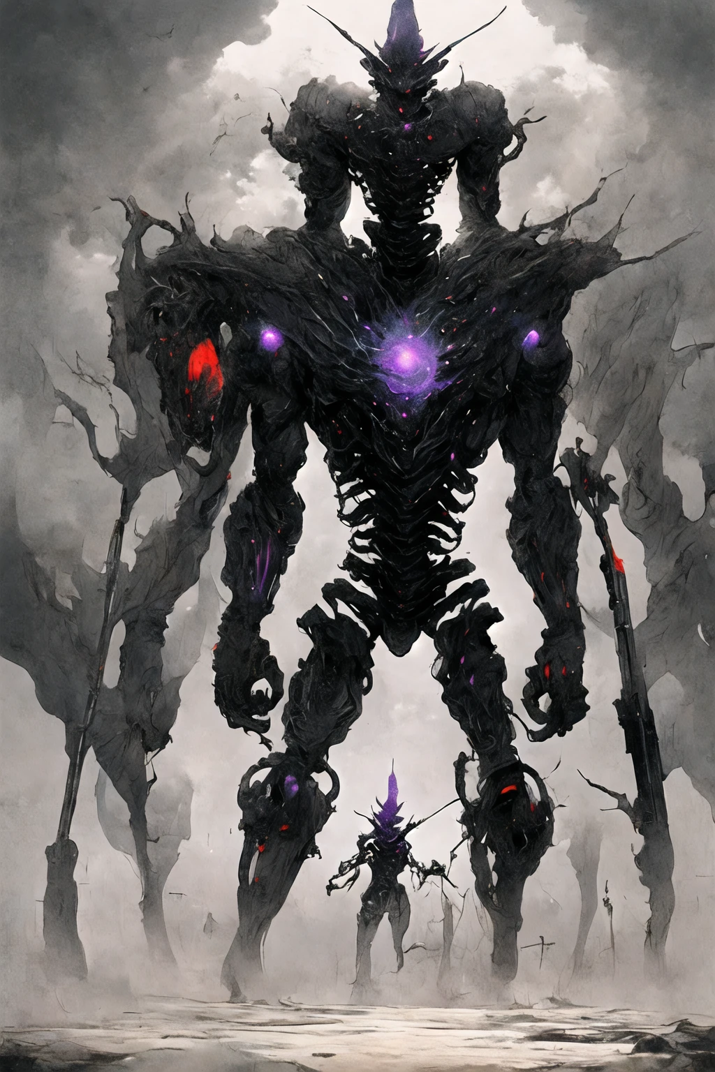 (((Highest quality)))(((Best Image)))外見は黒いfog,Wear shiny armor,Modern Battle Suit(((Appearance)))The shape is humanoid,Wearing armour(((Features)))Eyes glowing red,The shape is made of purple glowing matter..Possess modern weapons.Possess modern weapons.(((male)))The skeleton is human-like、Muscle fibers are visible,fogのようなもので構築している(((background)))Barren Land,dead tree,fog,Chaotic world(((Standing posture)))Battle Scenes,overwhelmingly strong,Highest quality。