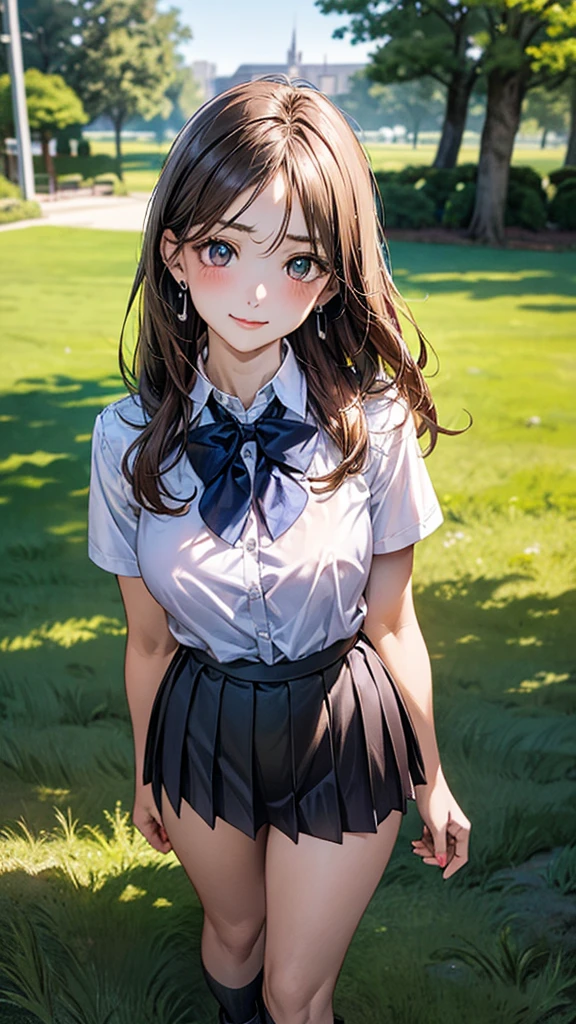 (masterpiece:1.2, top-quality), (realistic, photorealistic:1.4), beautiful illustration, (natural side lighting, movie lighting),
looking at viewer, cowboy shot, front view:0.6, 1 girl, japanese, high school girl, perfect face, cute and symmetrical face, shiny skin,
(long hair:1.8, straight hair:1.7, light brown hair), parted bangs, emerald green eyes, long eye lasher, (large breasts:0.9, thick thighs),
beautiful hair, beautiful face, beautiful detailed eyes, beautiful clavicle, beautiful body, beautiful chest, beautiful thigh, beautiful legs, beautiful fingers,
((, white collared shirts, black pleated mini skirt, black socks, brown loafers, red bow tie)), break, hoop ring earrings, pink panties, dark blue violet In the grass of the meadow, a girl, standing. Complete body. Complete hands and legs.
Her face, bright red, flush and shy.
Big breasts, nipples standing up, you can see them even through the top of her shirt. The skirt is shorter than normal, but even shorter, very short. The girl has brown hair.
(The skirt is very short.)
(The skirt is very short).