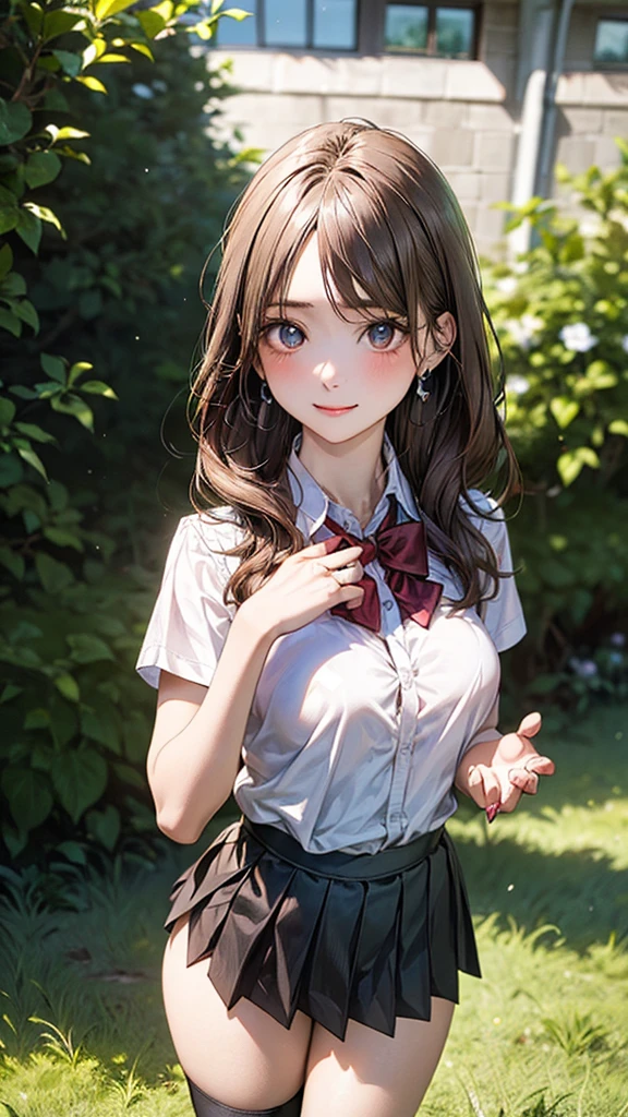 (masterpiece:1.2, top-quality), (realistic, photorealistic:1.4), beautiful illustration, (natural side lighting, movie lighting),
looking at viewer, cowboy shot, front view:0.6, 1 girl, japanese, high school girl, perfect face, cute and symmetrical face, shiny skin,
(long hair:1.8, straight hair:1.7, light brown hair), parted bangs, emerald green eyes, long eye lasher, (large :0.9, thick thighs),
beautiful hair, beautiful face, beautiful detailed eyes, beautiful clavicle, beautiful body, beautiful chest, beautiful thigh, beautiful legs, beautiful fingers,
((, white collared shirts, black pleated mini skirt, black socks, brown loafers, red bow tie)), break, hoop ring earrings, pink pantiesblue violet In the grass of the meadow, a girl, standing. Complete body. Complete hands and legs.
Her face, bright red, flush and shy.
Big breasts, nding up, you them even through the top of her shirt. The skirt is shorter than normal, but even shorter, very short. The girl has brown hair.
(The skirt is very short.)
(The skirt is very short).