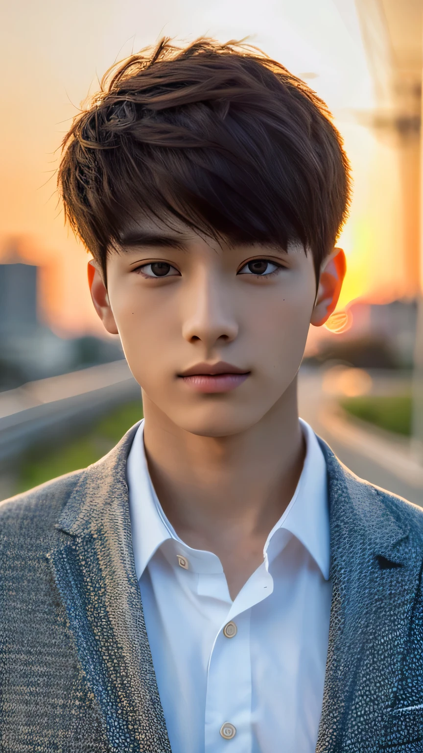 Highest quality, masterpiece, Ultra-high resolution, (Realistic: 1.4), Original photo, wallpaper, Head Photo, skin, Simple Background, Iris, detailed, Selfie, 1 boy, 18-year-old, good looking, Wind,suit、Sunset