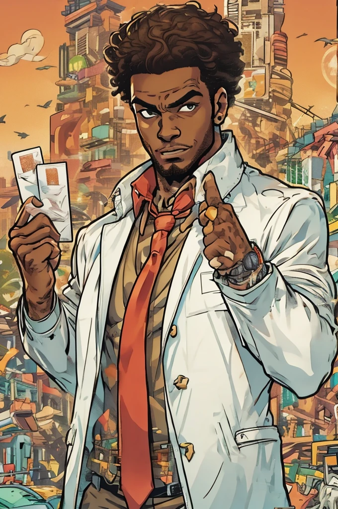 Half body Image of a man in a white suit and red tie holding a card,. He wears mobster style clothing such as fancy trenchcoat, suit jacket with business tie underneath an red vest, smug expression, smirking (((brown:1.3, red:1.3,black:1.2, white:1.2))), short curly hair, faded haircut