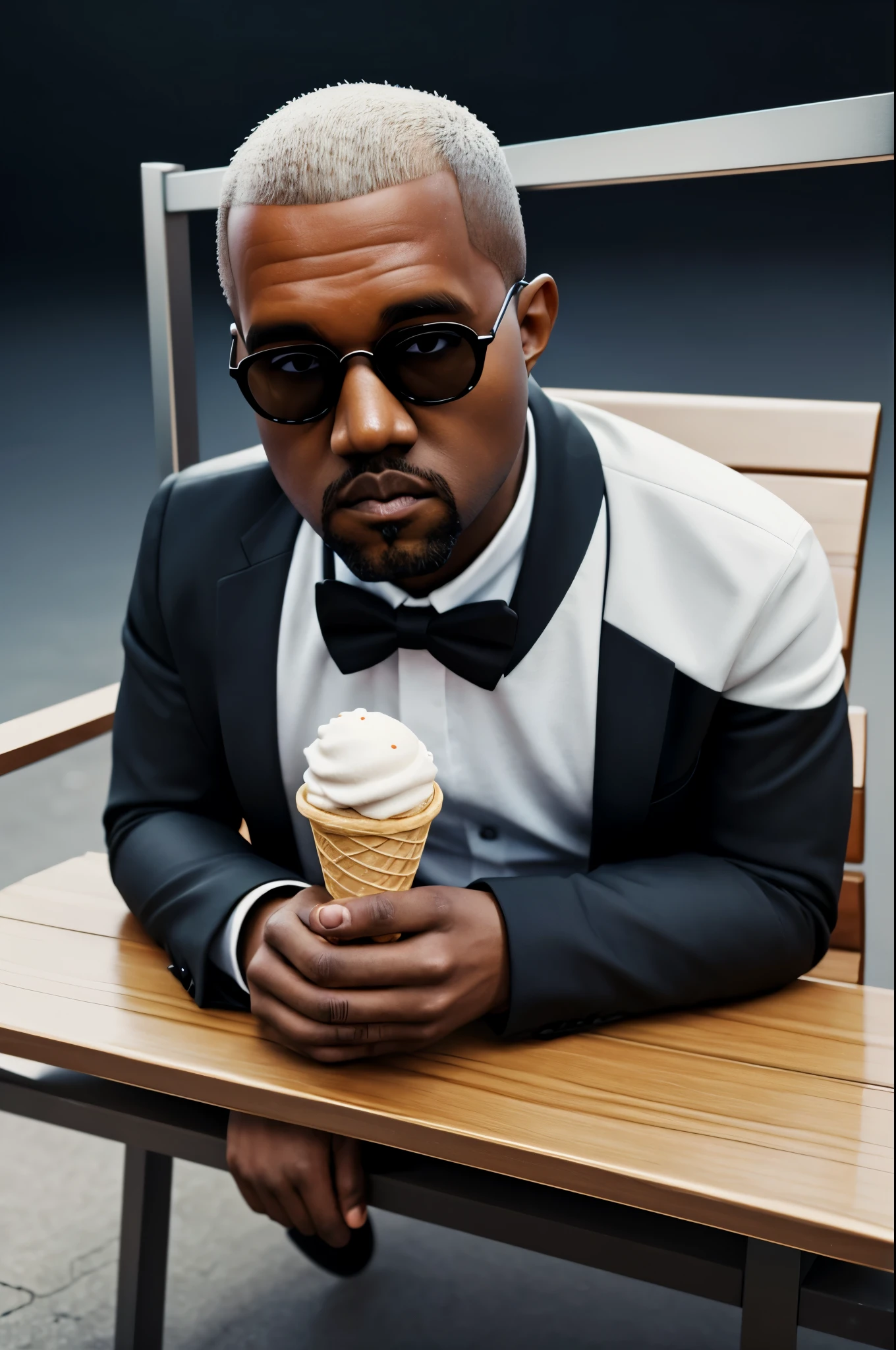 mini kanye west, in a suit, sitting on a bench, eating ice cream sandwhich, 3d illutration, 3d illustration, 3d illustration, inspired by Chris LaBrooy, intricate 3d illustration, 3d epic illustrations, behance 3d, sergey zabelin, 3d matte illustration, 3d minimalistic art, trend on behance 3d art
