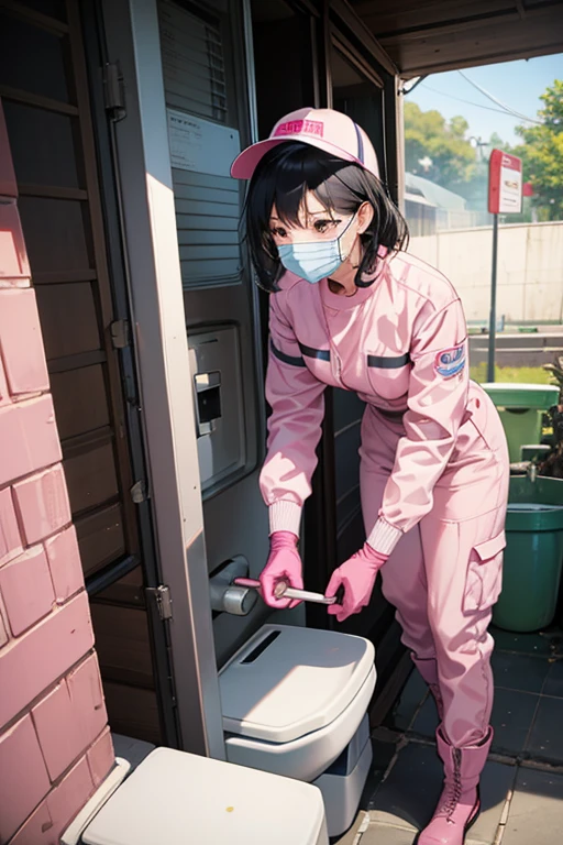 A black-haired mature woman cleans the park toilet wearing a pink radiation protection suit　gloves　gas mask　　boots　visor　