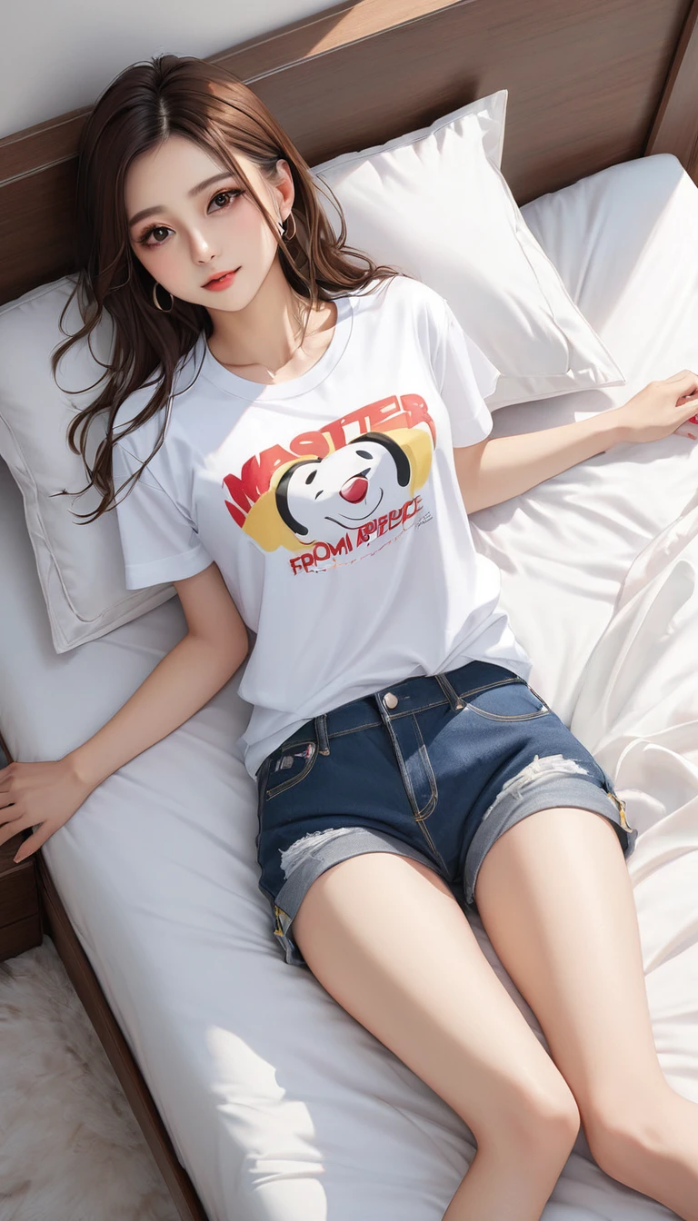 (from above:2) , detailed , master piece , best quality , woman , t-shirt , short denim , bed