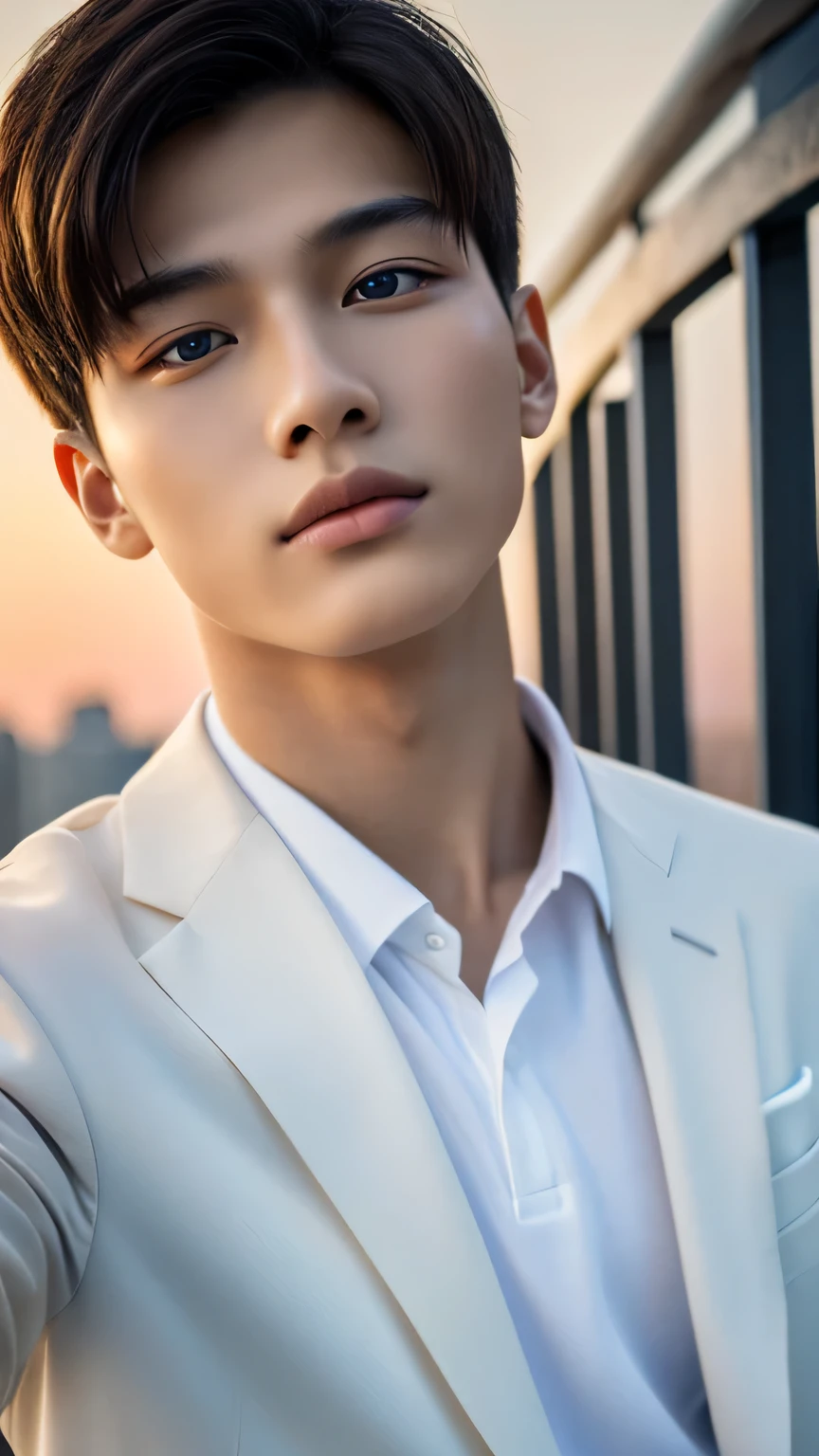 Highest quality, masterpiece, Ultra-high resolution, (Realistic: 1.4), Original photo, wallpaper, Head Photo, skin, Simple Background, Iris, detailed, Selfie, 1 boy, 18-year-old, good looking, Wind,White suit、evening