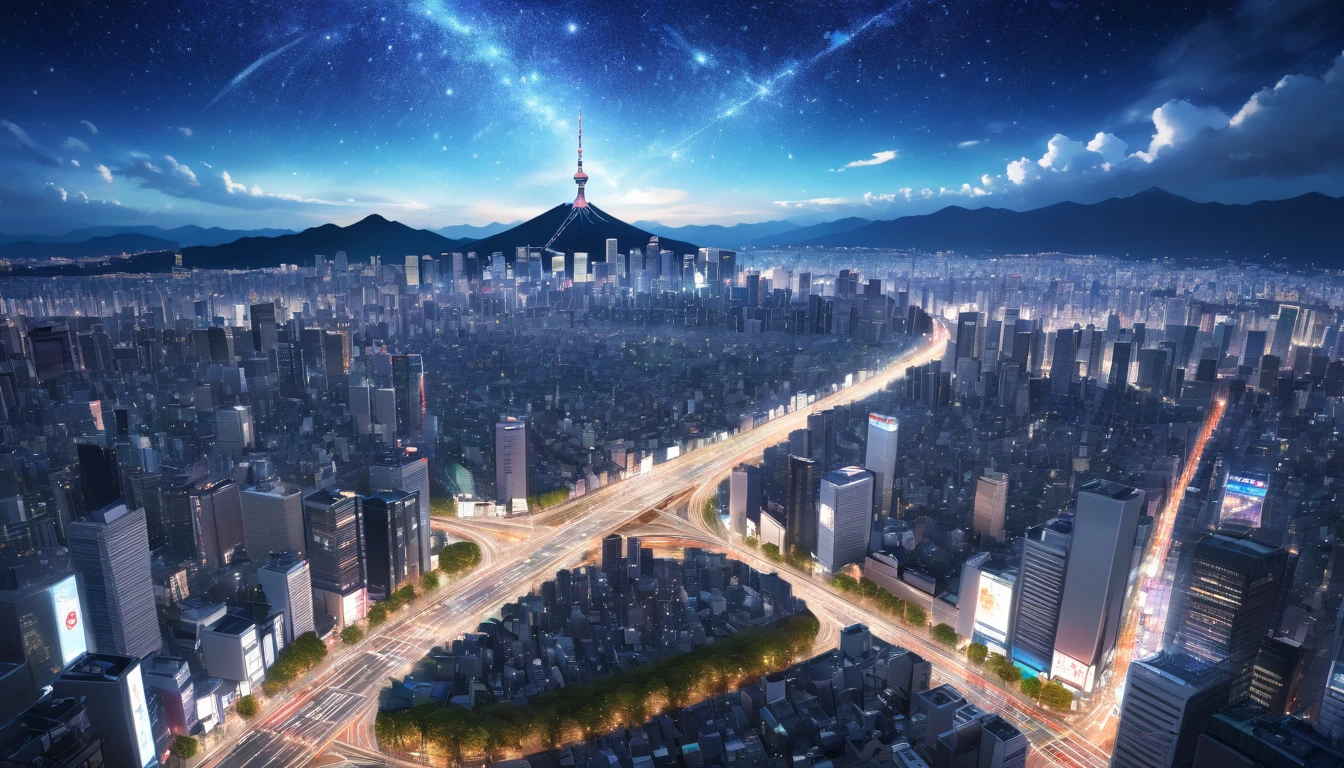 Intersection in Shinjuku,Viewpoint from the road,Starry Sky,Sparkle effect,Highest quality, 8k, High resolution, masterpiece:1.2, Very detailed, Realistic:1.37, High resolution, 超High resolution, Very detailed, Professional, Vibrant colors