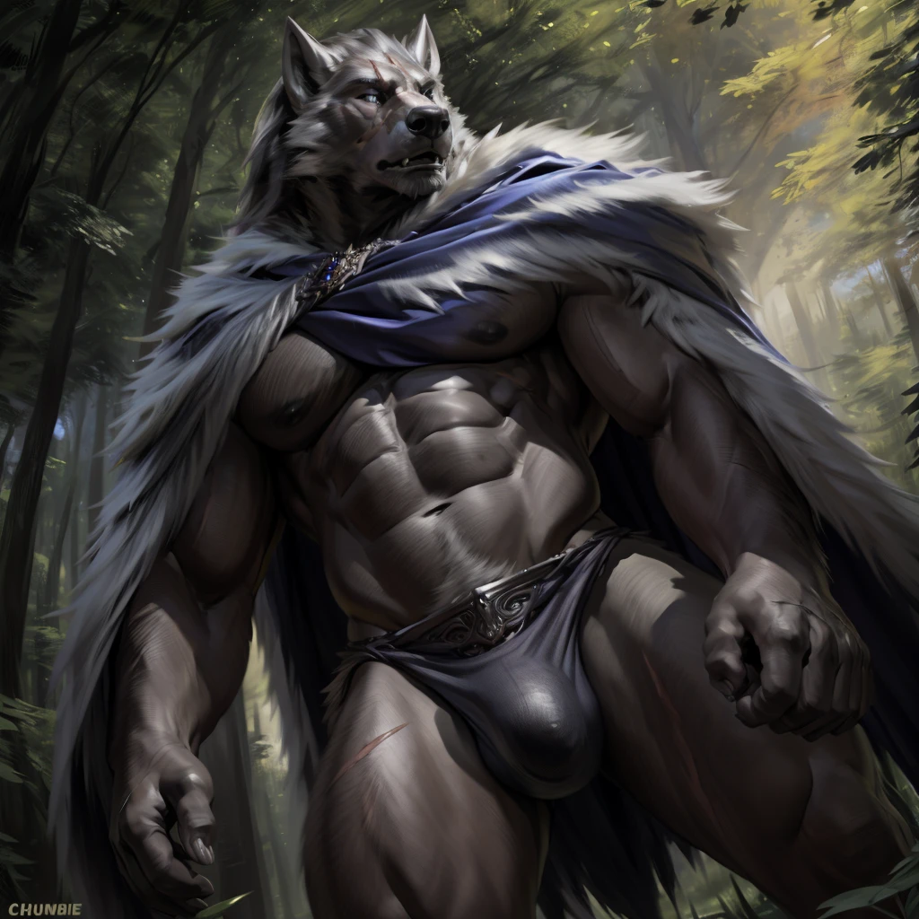 Blaidd (Elden Ring), Male, Solo, Muscular, Wearing Old Loincloth, Bulge, Fur, Scar on Face, Elden Ring Forest Background, Stading, Wolf Tail, Cape, (Realistic Shadows, Depth of field, Wide Dynamic Field, Dark Shadows, HDR, Low Light: 1.2, Low Angle Full Body  Shot)), (by null-ghost, by darkgem, by Chunie),