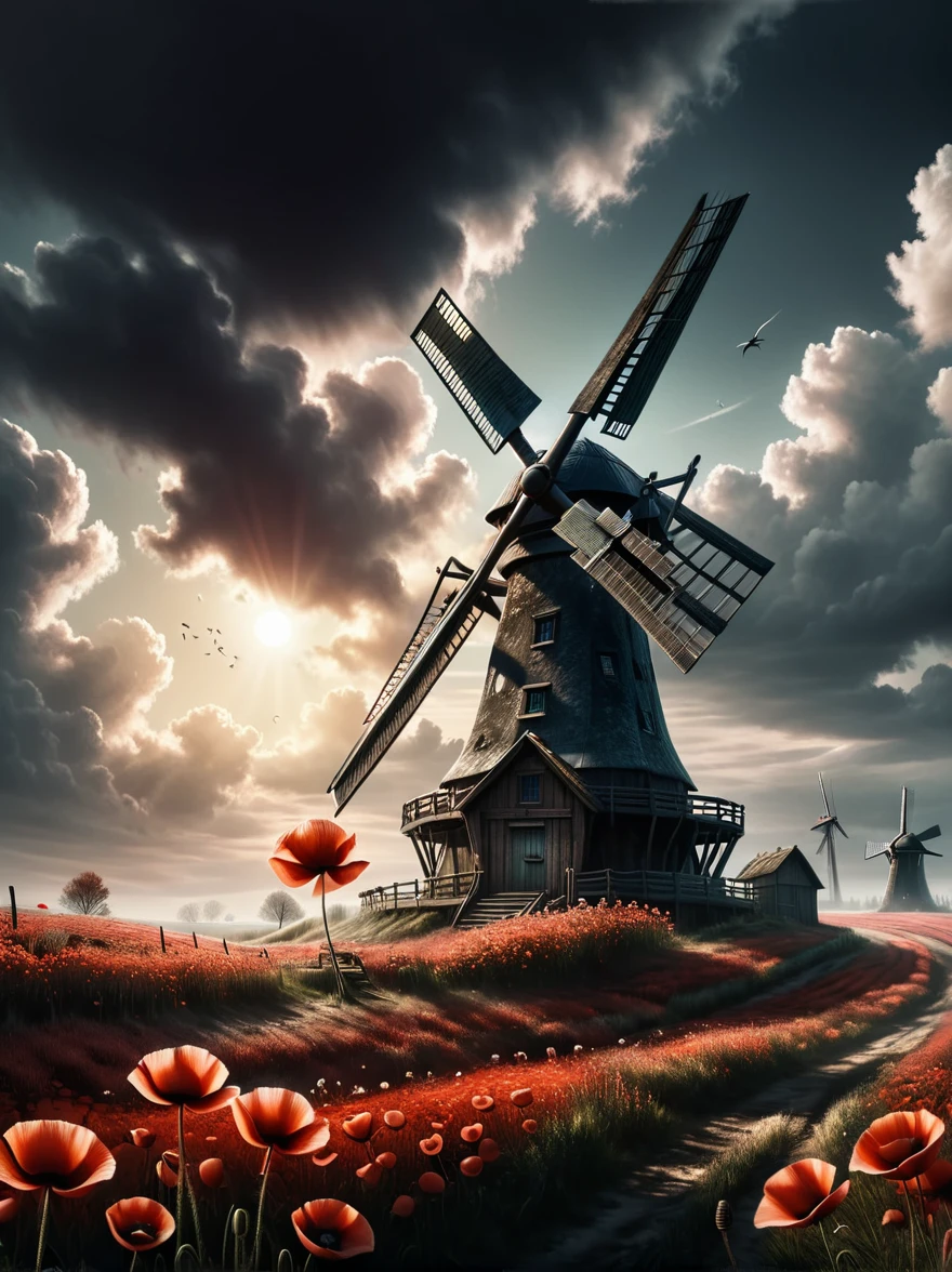 wild windmills,gloomy aura,warm sun from behind the clouds,spooky view of the windmill,windmill stands in a poppy field,space windmill,alien race,art emil melmoth,8k,photorealistic,detailed,