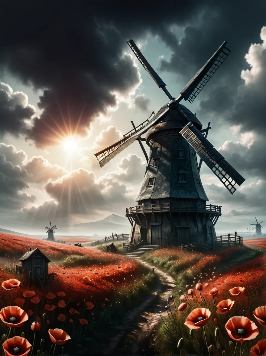 wild windmills,gloomy aura,warm sun from behind the clouds,spooky view of the windmill,windmill stands in a poppy field,space windmill,alien race,art emil melmoth,8k,photorealistic,detailed,