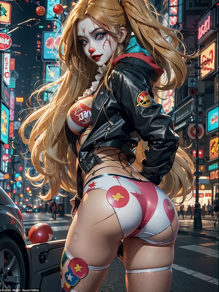 Brunette and Blonde, perfect, (EYE PUPIL DEFINED, SHARP), ((super sexy clown cosplay showing her butt)), t-shirt, jacket, shorts, fishnet stockings, cyberpunk city, RAW quality