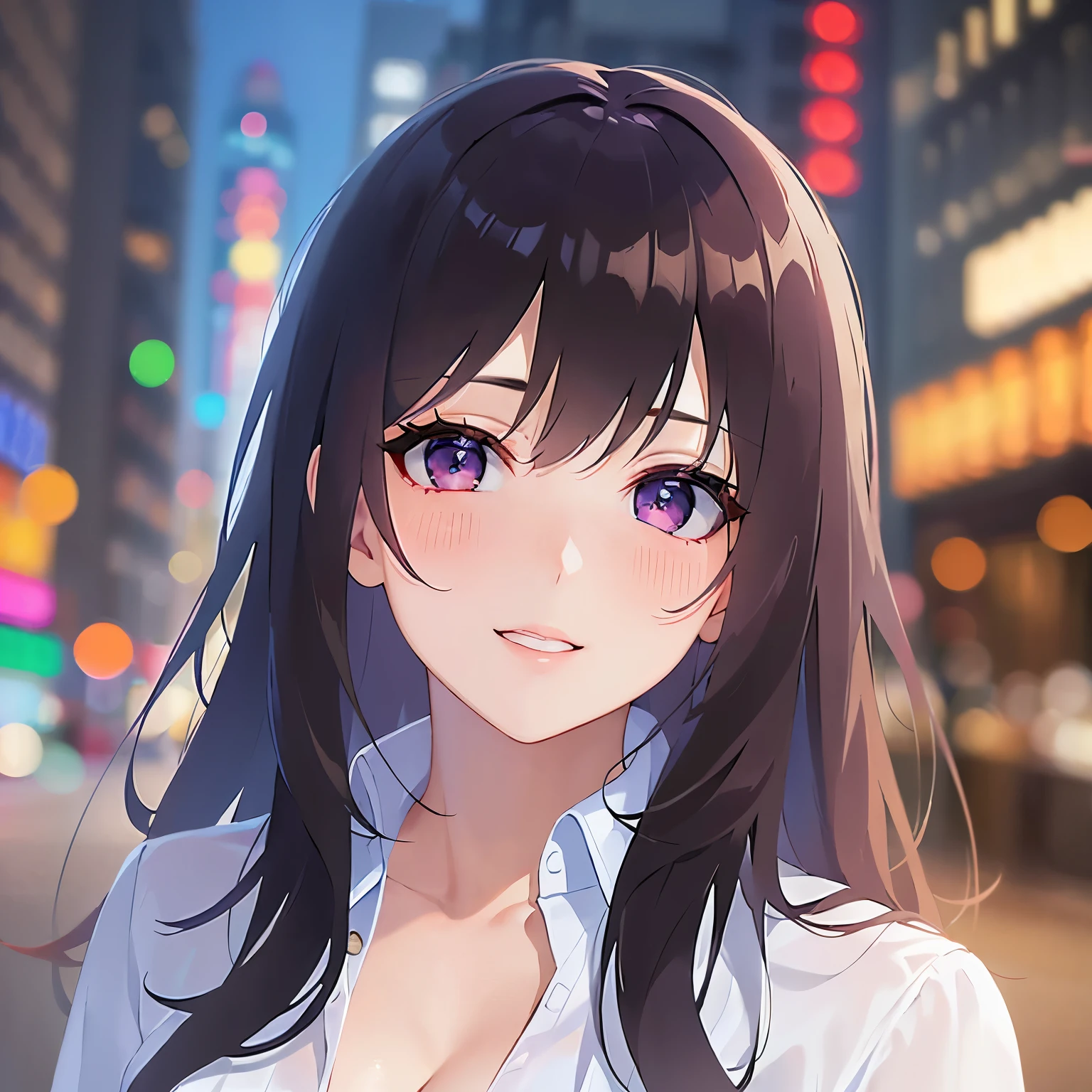 (looking at viewer:1.5),Looking up 、
Realistic, real person, (pale skin: 1.2), RAW photo, photorealistic, shiny skin, shiny hair、
(A 25-year-old woman with straight hair and bangs) and (medium hair) and (black hair) and (purple eyes) ,
(Wearing a business suit) and (Wearing a white collared shirt)、
(blush:1.5),smile、Cleavage、The background is the city at night,