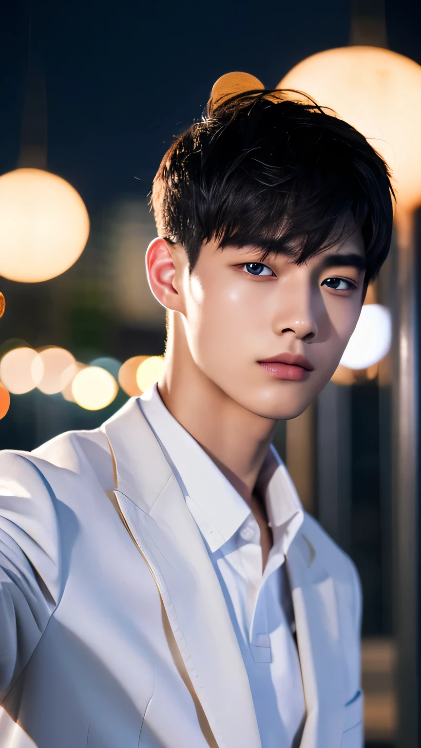 Highest quality, masterpiece, Ultra-high resolution, (Realistic: 1.4), Original photo, wallpaper, Head Photo, skin, Simple Background, Iris, detailed, Selfie, 1 boy, 18-year-old, good looking, Wind,White suit、night