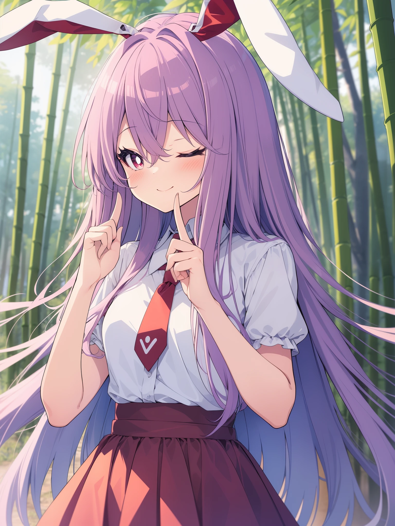 Side view, colorful, (best quality, ultra-high resolution, depth of field:1.2), Touhou Project, 1woman, {reisen_udongein_inaba_touhou:1.15}, long_hair, (light purple hair), bangs, hair_between_eyes, rabbit_ears, red_eyes, (white pupils), medium breasts, (white_shirt), red_necktie, pink skirt, frills, blush, smile, finger_gun, closed_mouth, one_eye_closed, bamboo forest scenery