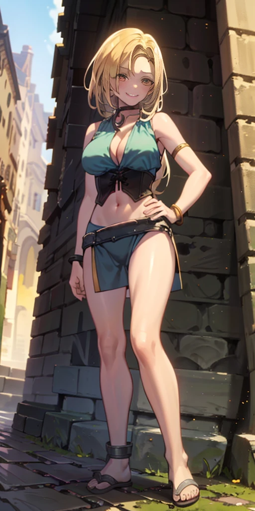masterpiece, best quality, full body, barefoot, solo (female Android 18 ful smirking smiling, smile face, red blushed, red cheeks) yellow bikini, hands on waist, navel, metal shoulders, gold sleeveless armbands, black leather choker collar, shackles bracelets, pauldrons, breae, leather corset, eye focus, full body, whole body, loincloth standing, hands on hips, metal sandals, backpack, twin big belt, view from below, feet together, bracers, tiara