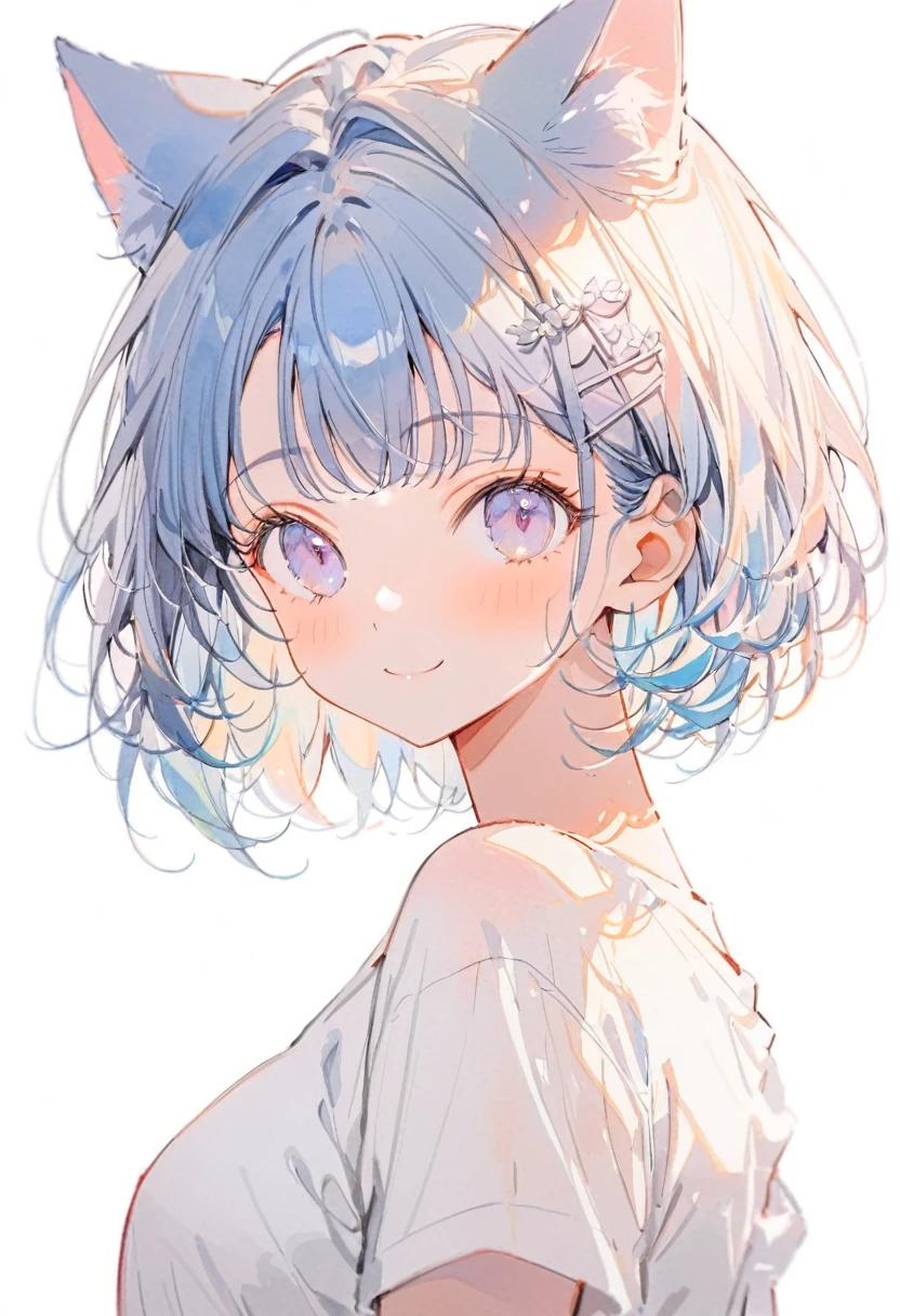 best quality, beautiful, (watercolor:1.2), girl, light blue, blue hair, short hair, cat ear, Upper Body, smile. white t-shirts, look at me, big light color hairpin, white background
