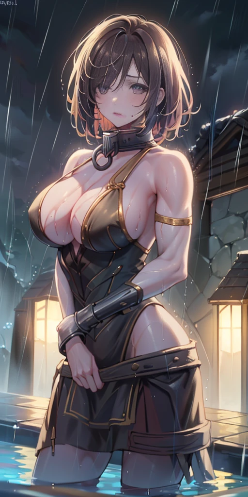 leather collar (Best quality, 4k, Masterpiece :1.3) full body standing symmetrical beautiful woman, hyper realistic, 1girl (drooping breasts, attractive body :1.2) sit-ups :1.1, short red hair: 1.1 (wet rainy, wet by rain, wet body :1.2) ultra-detailed face, detailed lips, detailed eyes, double eyelid, low-necked dress, open neckline, hanging breasts, side pose, visible curves, pool , poolside, red transparent robe, red sunglasses, muscular turned arms behind body, leather collar, golden bracers
