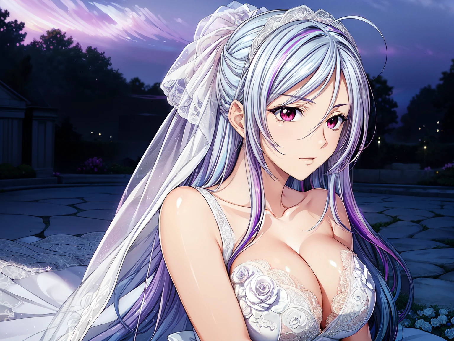 (masterpiece, best quality, beautiful and aesthetic:1.3), look back, side view, 1woman, solo, matured woman, (Silver blue hair streaked purple:1.4), (Gradient sky blue hair ends:1.6), hair strand, absurdly long hair, single sidelock, wavy hair, shiny hair, floating hair, (deep red eyes), delicate eyes, aqua eyes, super high detailed eyes, long upper eyelashes, makeup, Focus on face, Very detailed facial, Perfect breasts, hot body, (Delicate skin texture:1.2), bridal veil, lace-trimmed dress, see-through, wedding dress, outdoors, white roses, garden, morning, standing, extreme detailed,