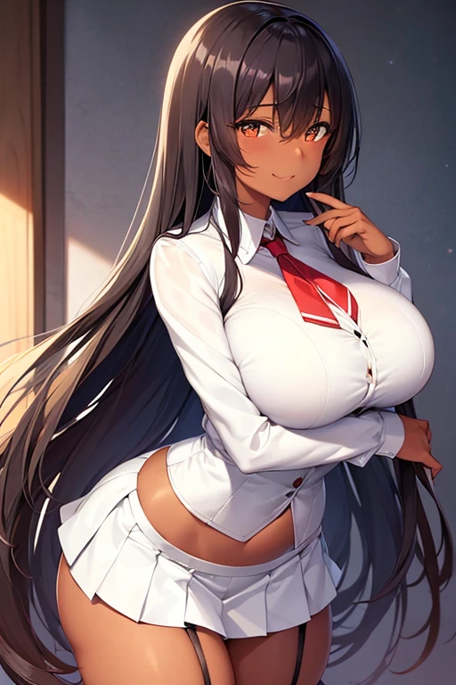 Kizi, Youngh, darkskin, long dark hair, amber eyes, cute smile, Madura, breasts big, very short white skirt, skirt necklines,  Broad Hips, big-ass, nice body, longsleeve, garter-ribbons, muslos grandes, seducing gaze, one hand on the face