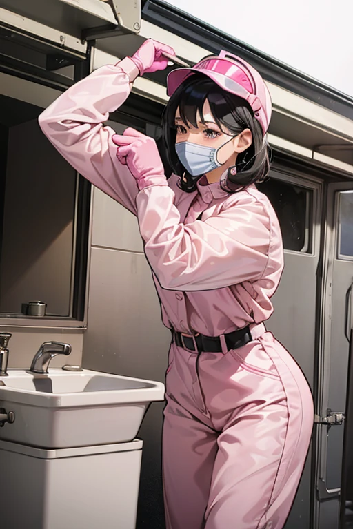 A black-haired mature woman cleans the park toilet wearing a pink radiation protection suit　gloves　gas mask　　boots　visor　Helmet