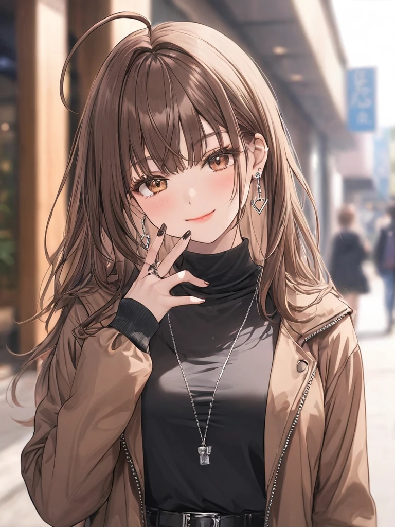 ((masterpiece, best quality)), very aesthetic, absurdres, One girl, Ahoge, bangs, black skirt, black sweater, Blurred, Blurred background, chest, Brown eyes, Brown Hair, brown Jacket, Mouth closed, Day, Depth of written boundary, Earrings, eyelash, Raise your hand, Tilt your head, Jacket, jewelry, Long Hair, Long sleeve, View Viewer, medium chest, Manicure, Open clothes, open Jacket, Outdoor, Pursed lips, Tucked in shirt, Side Lock, skirt, Sleeves are longer than the wrist, alone, sweater, Upper Body, zipper, smile,