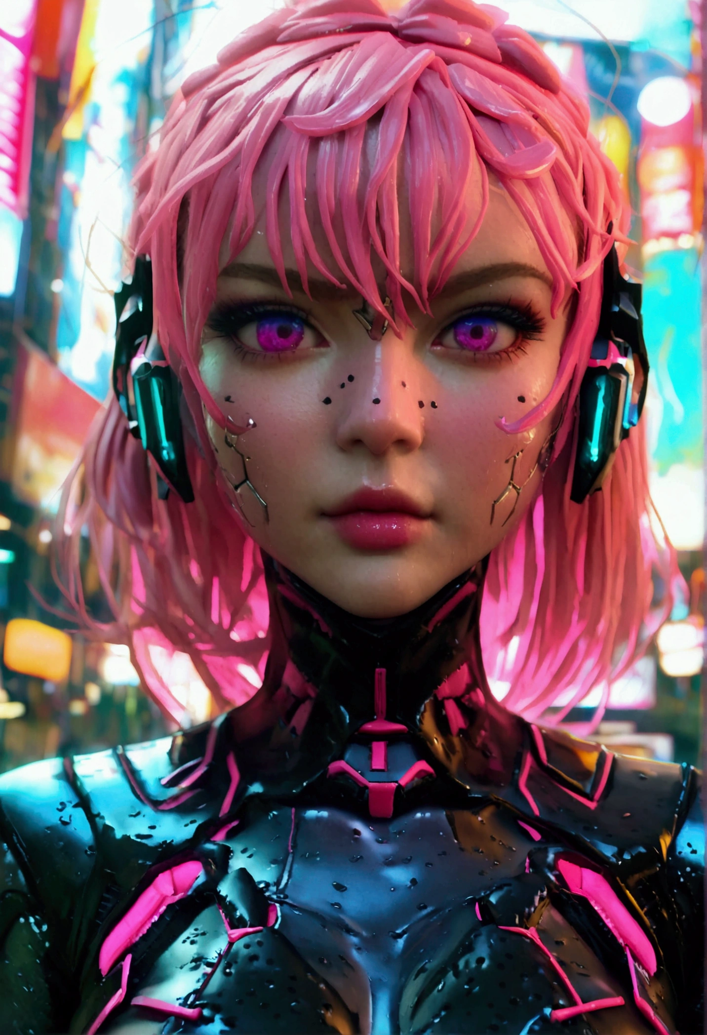 Full body like，Anime girl with pink hair and futuristic costume in the city, Hyper-realistic cyberpunk style, cyberpunk anime girl, Digital cyberpunk anime art, dreamy cyberpunk girl, Anime style. 8K, female cyberpunk anime girl, digitl cyberpunk - anime art, portrait anime space cadet girl, the cyberpunk girl portrait, beautiful cyberpunk girl face, anime styled 3d, photorealistic anime girl rendering，(RAW photo:1.2)，camel-toe，Hollow-out on，sweat leggs，， Smooth pink skin, shiny metallic glossy skin, Shiny, 　spread their legs　M-shaped legs,angry look,sullenness,Irritated， all over body，Full body like