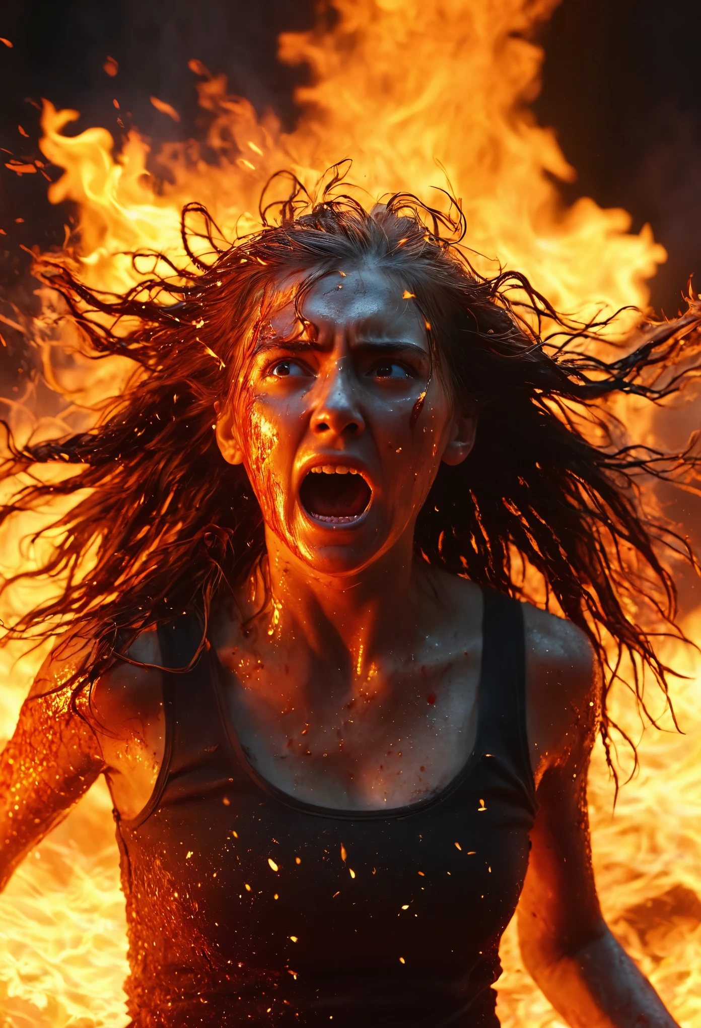 An image of a young woman being dragged into hell, Her hair is wildly tossed about, Light from the flames reflects on her face, highlighting her terrified expression in vivid detail 4k resolution, highly detailed, photo realistic, cinematic, movie still, captured in the style of Sony Alpha A7 III camera