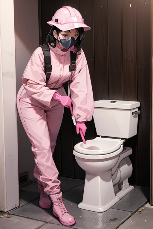 A black-haired mature woman cleans the park toilet wearing a pink radiation protection suit　gloves　gas mask　　boots　visor　Helmet