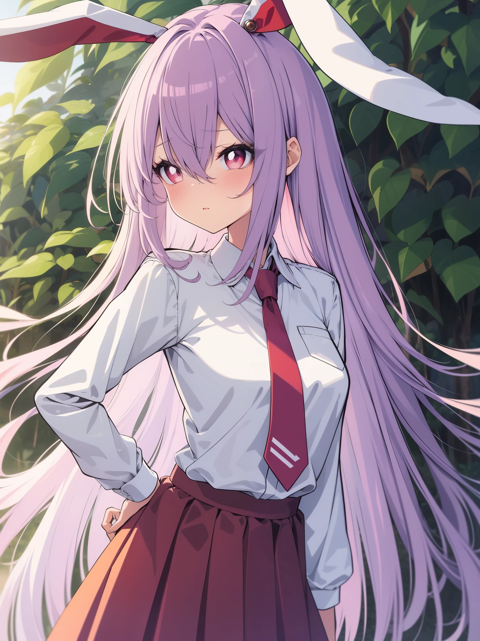 Side view, colorful, (best quality, ultra-high resolution, depth of field:1.2), Touhou Project, 1woman, {reisen_udongein_inaba_touhou:1.15}, long_hair, (light purple hair), bangs, hair_between_eyes, rabbit_ears, red_eyes, (white pupils), medium breasts, (white_shirt), red_necktie, pink skirt, frills, blush, concerned look, worried, nervous, hand on hips