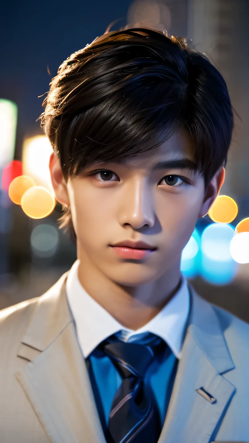 Highest quality, masterpiece, Ultra-high resolution, (Realistic: 1.4), Original photo, wallpaper, Head Photo, skin, Simple Background, Iris, detailed, Selfie, 1 boy, 18-year-old, good looking, Wind,suit、night