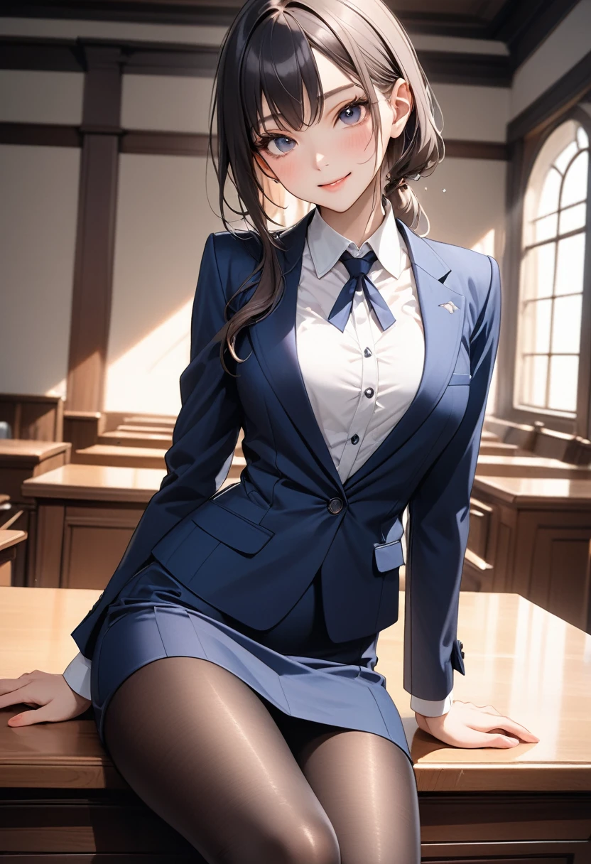 (((Female lawyer, formal suit skirt, pencil skirt, pantyhose, white blouse, navy blue jacket,))), skinny, solo, 1 woman, Masterpiece, highest quality, highest quality, 16K, incredibly absurd, highly detailed, 2.5D, ai-generated, delicate and dynamic, very delicate facial expressions, delicate eye depiction, erotic, only sexy woman, ((A cute and kind face)), healthy figure, ((25-year-old woman)), 160cm tall, medium firm swaying bust,, blush, Sweat,Embarrassed,sexy, ((thin thighs)), (Erect nipples:0.9), shiny and lustrous, facing straight at viewer, smile, ((Oily_skin)), ((dutch angle)), ((erotic pose)), Fashion Model poses, Fashion Model style, (Close-up),In the courtroom, sitting on a desk,