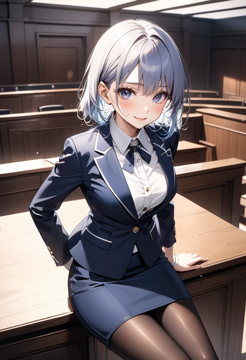 (((Female lawyer, formal suit skirt, pencil skirt, pantyhose, white blouse, navy blue jacket,))), skinny, solo, 1 woman, Masterpiece, highest quality, highest quality, 16K, incredibly absurd, highly detailed, 2.5D, ai-generated, delicate and dynamic, very delicate facial expressions, delicate eye depiction, erotic, only sexy woman, ((A cute and kind face)), healthy figure, ((25-year-old woman)), 160cm tall, medium firm swaying bust,, blush, Sweat,Embarrassed,sexy, ((thin thighs)), (Erect nipples:0.9), shiny and lustrous, facing straight at viewer, smile, ((Oily_skin)), ((dutch angle)), ((erotic pose)), Fashion Model poses, Fashion Model style, (Close-up),In the courtroom, sitting on a desk,