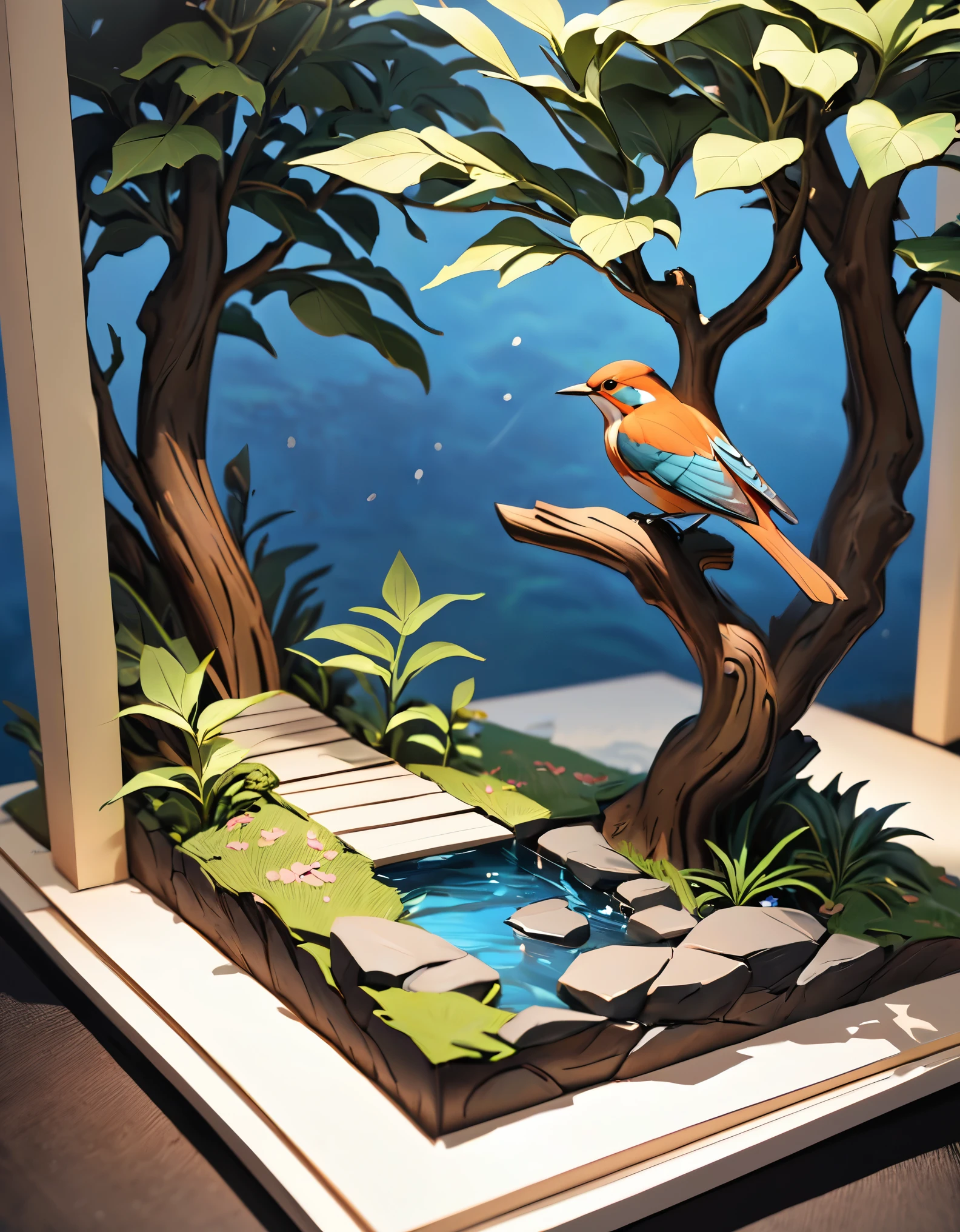 (masterpiece:1.2, Highest quality,Highest quality,Super detailed),(Very detailed),8k(A pop-up book with a kingfisher perched on a tree branch:1.5),(Cinema Lighting),(Written boundary depth),(Sophisticated lighting:1.2),(Chiaroscuro),(Origami art)