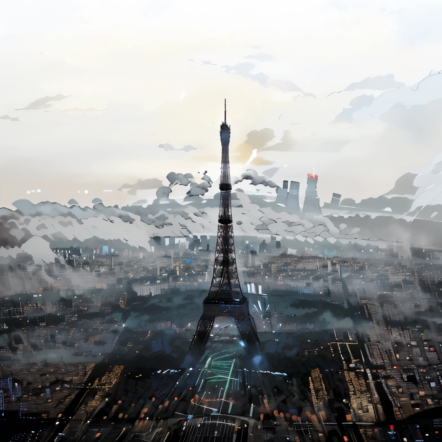 View of the city of Arrafeh with a tall tower in the center, Paris, the city of Paris, Eiffel Tower in the middle, Paris city, Paris 2010, Paris Eiffel Tower, very smoky Paris bar, in the foreground Paris, Eiffel Tower is burning, smog, Eiffel Tower photogrAPhy, Eiffel Tower, Photo credit: AP, Dim and gloomy
