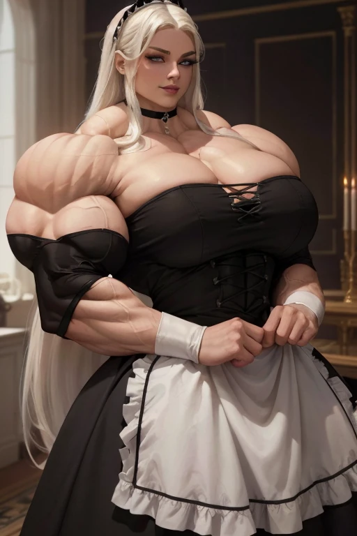 ((Close-up)), tall, (White hair) beautiful muscular woman, long straight hair, light brown skinned, closed smile, (black lipstick), (massive muscles), (hyper muscle), (ginormous bulky muscles), blue eyes, ((beautiful maid dress)), (maid dress), choker, arm sleeves, thigh highs, high heels, in a mansion, 