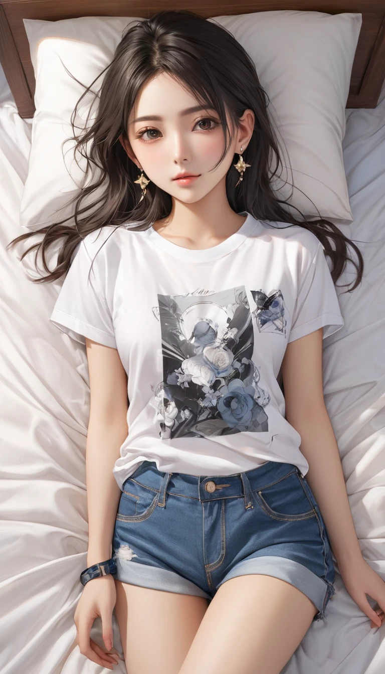 (masterpiece, Highest quality:1.2), One girl, alone,bony body、、Earrings、(from above:2) , detailed , master piece , best quality , woman , t-shirt , short denim , bed