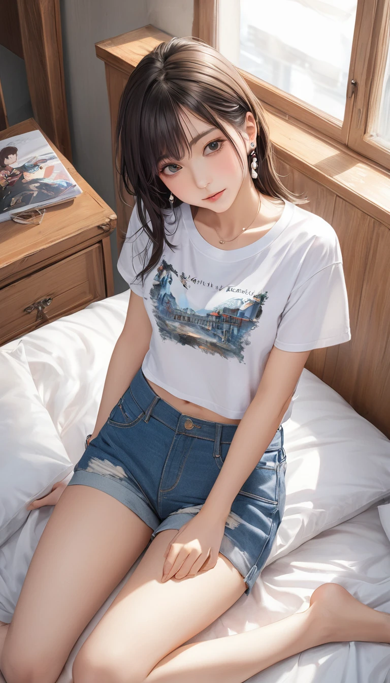 (masterpiece, Highest quality:1.2), One girl, alone,bony body、15 years old、Earrings、(from above:2) , detailed , master piece , best quality , woman , t-shirt , short denim ,  bed