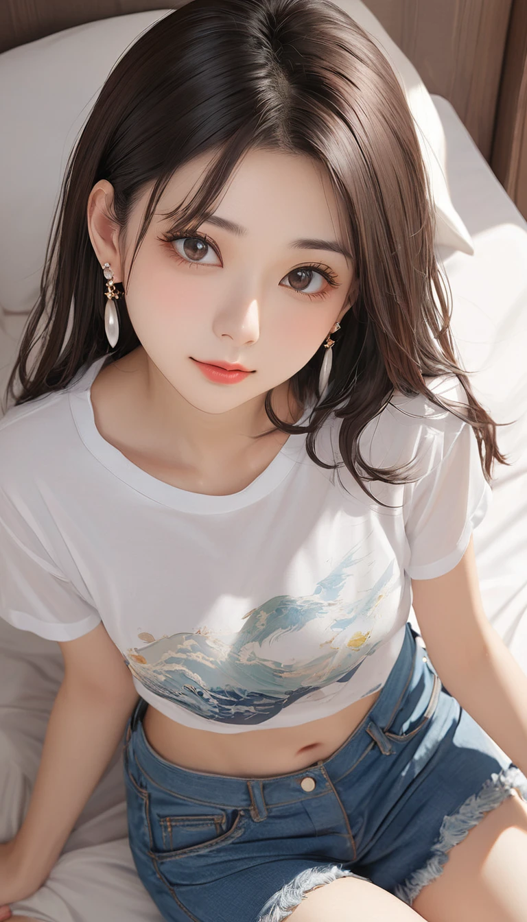 (masterpiece, Highest quality:1.2), One girl, alone,bony body、15 years old、Earrings、(from above:2) , detailed , master piece , best quality , woman , t-shirt , short denim ,  bed