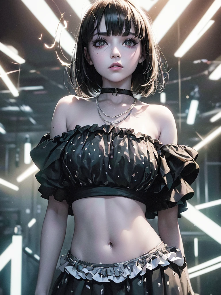 (Obra maestra:1.2), Mejor calidad, (illustration:1.2), (ultra detallado), hiper detalles, (delicado detallado), (detalles intrincados), (cinematic light, Mejor calidad Backlights), Delete line, solista, Cuerpo perfecto, (1 chica), In the style of Tim Burton, a hyper realism hd vintage gothic anime girl, a punk rock creature, long lashed eyes speckled with silver, cheeks flushed with colour, dark lips slightly parted, high cheekbones, surrounded by flecks of electrical sparks, (constituir), alto contraste, (mejor iluminacion, un extremadamente creado y hermoso), (cinematic light), vistoso,