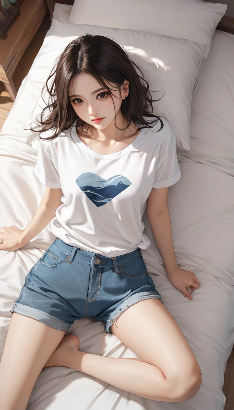 (from above:2) , detailed , master piece , best quality , woman , t-shirt , short denim , bed