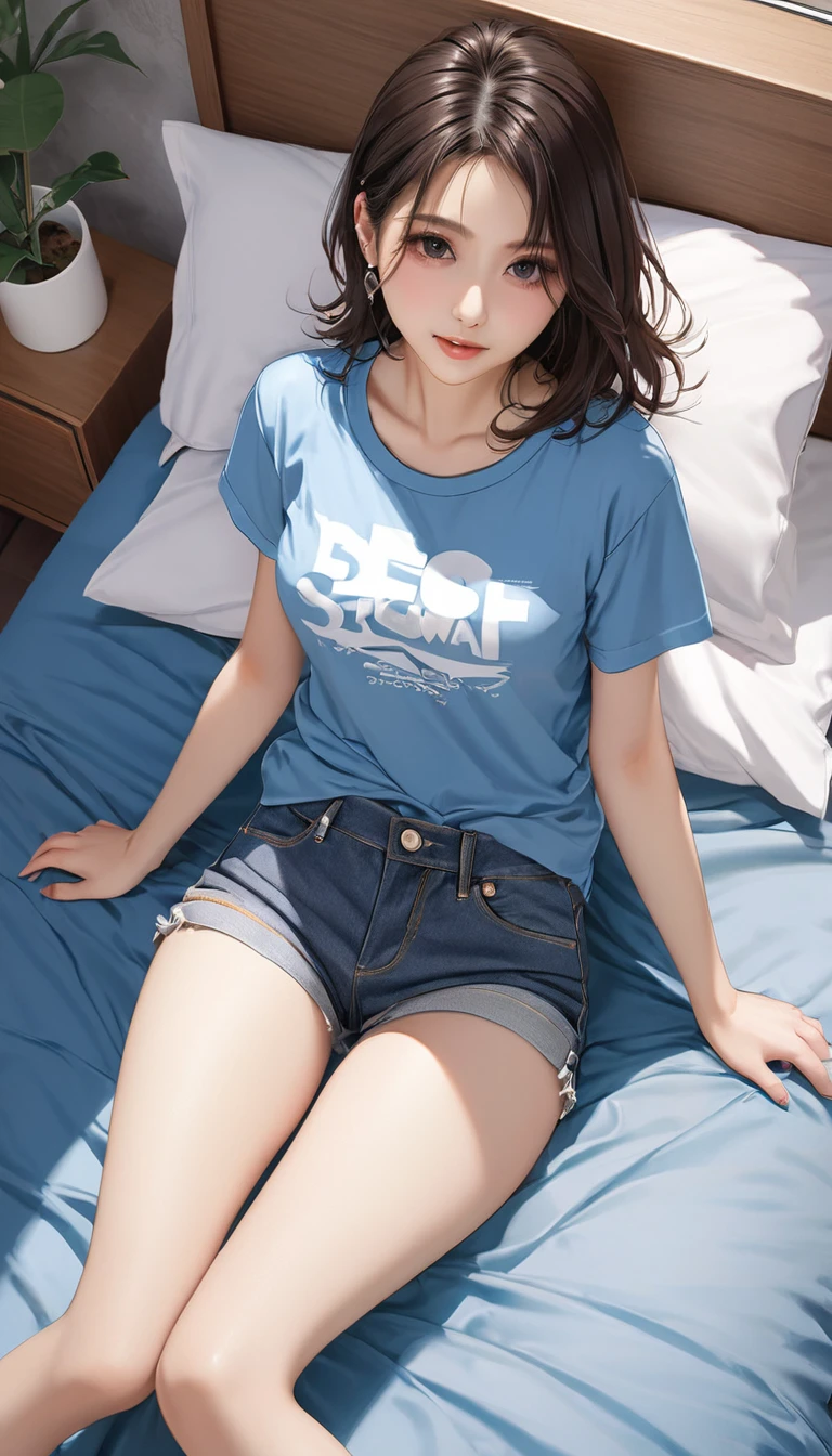 (from above:2) , detailed , master piece , best quality , woman , t-shirt , short denim , bed