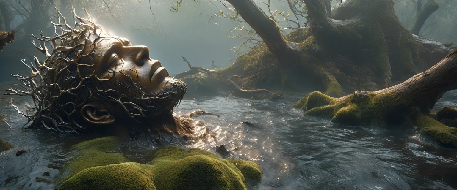 from above, bokeh, UHD, masterpiece, high details, high quality, award winning, best quality, highres, 16k,
(Looking up angle),Big Dumb Object,(Portrait of huge handsome man head sculpture collapsed in water:1.3),Great Wilderness,Dense fog,old,Dead branches,Art style of Philip Hodaatte of the human soul, realism ,BDO works by American digital artist Stuart Lippincott,Use advanced tones and shading,Creates a dazzling and mysterious light,The deep spatial pattern and mysterious atmosphere,Create a sci-fi mechanical god realm,Highlighting the insignificance of human beings,and fear of the unknown,minimalist art,fantasy,Surrealism,
