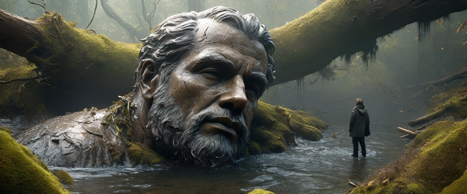 from above, bokeh, UHD, masterpiece, high details, high quality, award winning, best quality, highres, 16k,
(Looking up angle),Big Dumb Object,(Portrait of huge handsome man head sculpture collapsed in water:1.3),Great Wilderness,Dense fog,old,Dead branches,Art style of Philip Hodaatte of the human soul, realism ,BDO works by American digital artist Stuart Lippincott,Use advanced tones and shading,Creates a dazzling and mysterious light,The deep spatial pattern and mysterious atmosphere,Create a sci-fi mechanical god realm,Highlighting the insignificance of human beings,and fear of the unknown,minimalist art,fantasy,Surrealism,