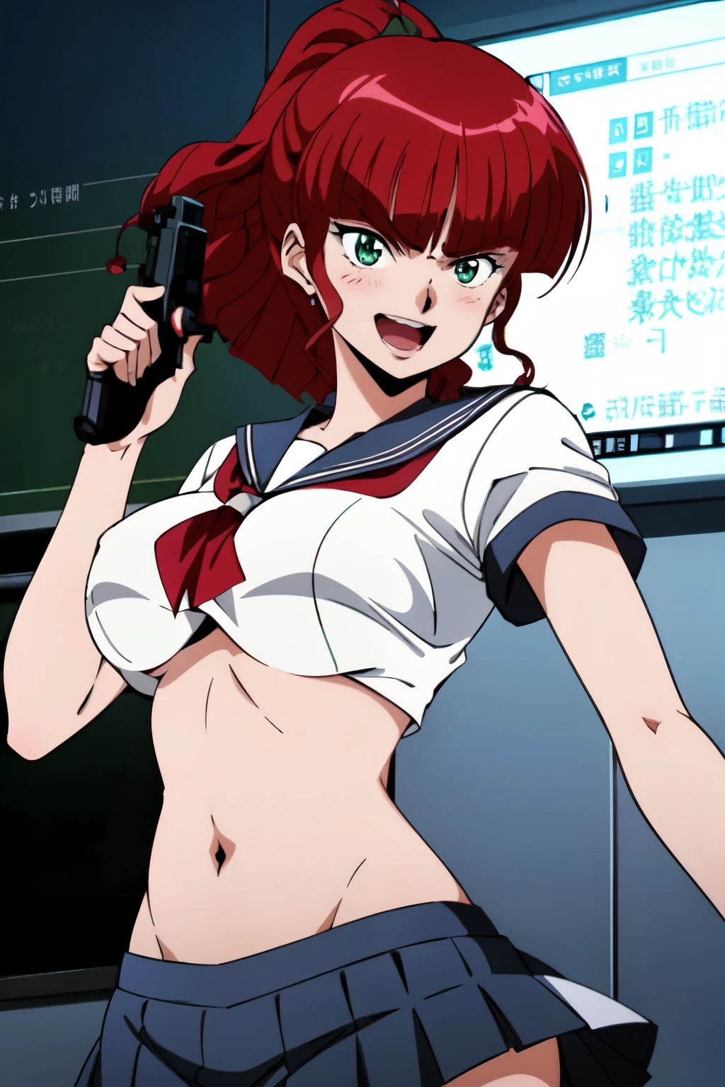 jungfreud,1girl,
short hair,ponytail,wavy hair,red hair,blunt bangs,green eyes,
blush, lipstick, long hair, crazy eyes ,Hot girl, baddie, staring, glaring, bad attitude, mean girl, crazy, smoking, sensual, attractive, masterpiece, best quality, highly detailed, a anime girls in sailor uniforms with a gun posing for a picture,
evil smile, smile, open mouth,black_serafuku, ecchi anime style, anime girls , (nsfw) not safe for work,
ecchi style, ecchi, shipgirls, digital anime art!!, high school girls, holding a gun, hold a gun, anime style 4
k, micro skirt, exposed belly, exposed navel, exposed midriff, holding pistol,underboob,
exposed lower belly,school, classroom,