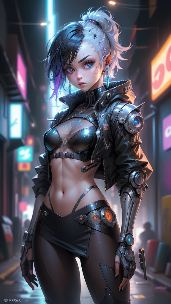unreal engine:1.4,UHD,The best quality:1.4, fotorrealist:1.4, skin texture:1.4, masterpiece:1.8,(masterpiece, The best quality, 1girl, only, intricate details, chromatic abberation), realist, ((medium breathment)), Long black hair with fringes, blue reflections,cyberpunk lingerie network,pantyhose,orange miniskirt, blue light background Hair over one eye, blue eyes, earrings, sharp eyes, ciborg robot, neon shirt,white Open jacket, (symmetry eyes),(perfect symmetrical body),ciborg:1.4,CG, Night bokeh lights, Graffiti, dim lighting, street alley ,franco,,beautiful fine hands,wallpaper,Nikon 85mm,dynamicposes, realist:1.5,fine details,Octane rendering,RAW photo:1.2,realism:1.4,fi fantasy art,CG:1.4, epic fantasy art style hd, 4K fantasy art, epic fantasy digital art style, epic fantasy art style, Fantasy Woman, epic fantasy art portrait, Epic fantasy style, hyperrealistic fantasy art, hd fantasy art, epic fantasy character art, epic fantasy art, in style of dark fantasy art, epic fantasy digital art,( face detailed :1.4),( iluminación cinematográfica :1.4), (anatomía perfecta :1.4), (cyborg blanket plastic transparent mecánica :1.4), (cyborg plastic transparent circuito :1.4), (Selena Gómez :1.4), (Selena Gómez :V2.1), (cyberpunk cyborg :1.4),( ojos hermosos detailed perfecto :1.4)